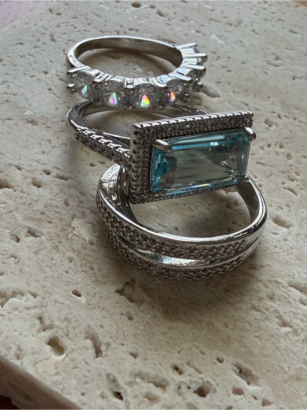Silver CZ and Aquamarine-Style Stackable Ring Set